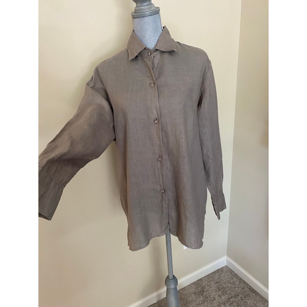 Connie Roberson Linen Shirt Medium Taupe USA Vintage s48